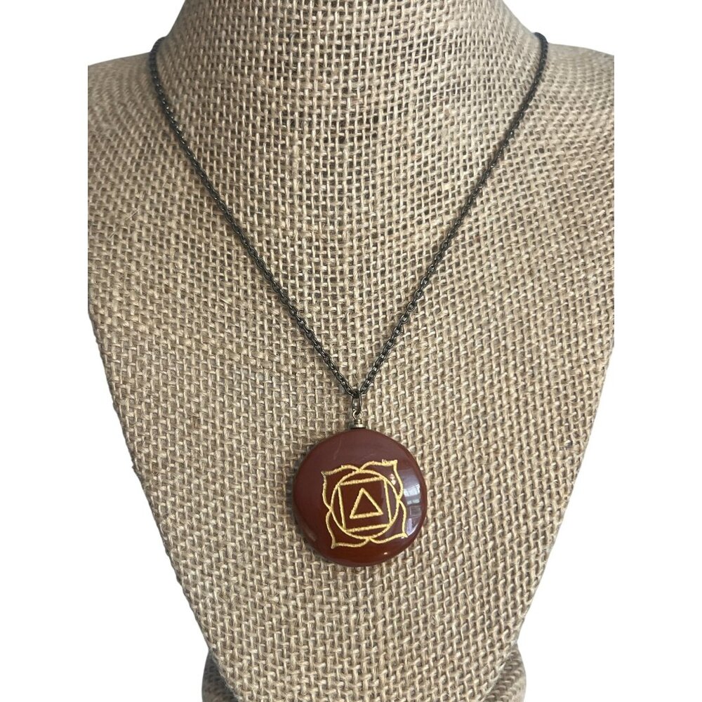 Root Chakra Pendant Necklace Red Jasper Gold Symbol Antique Gold Chain Adj 23"